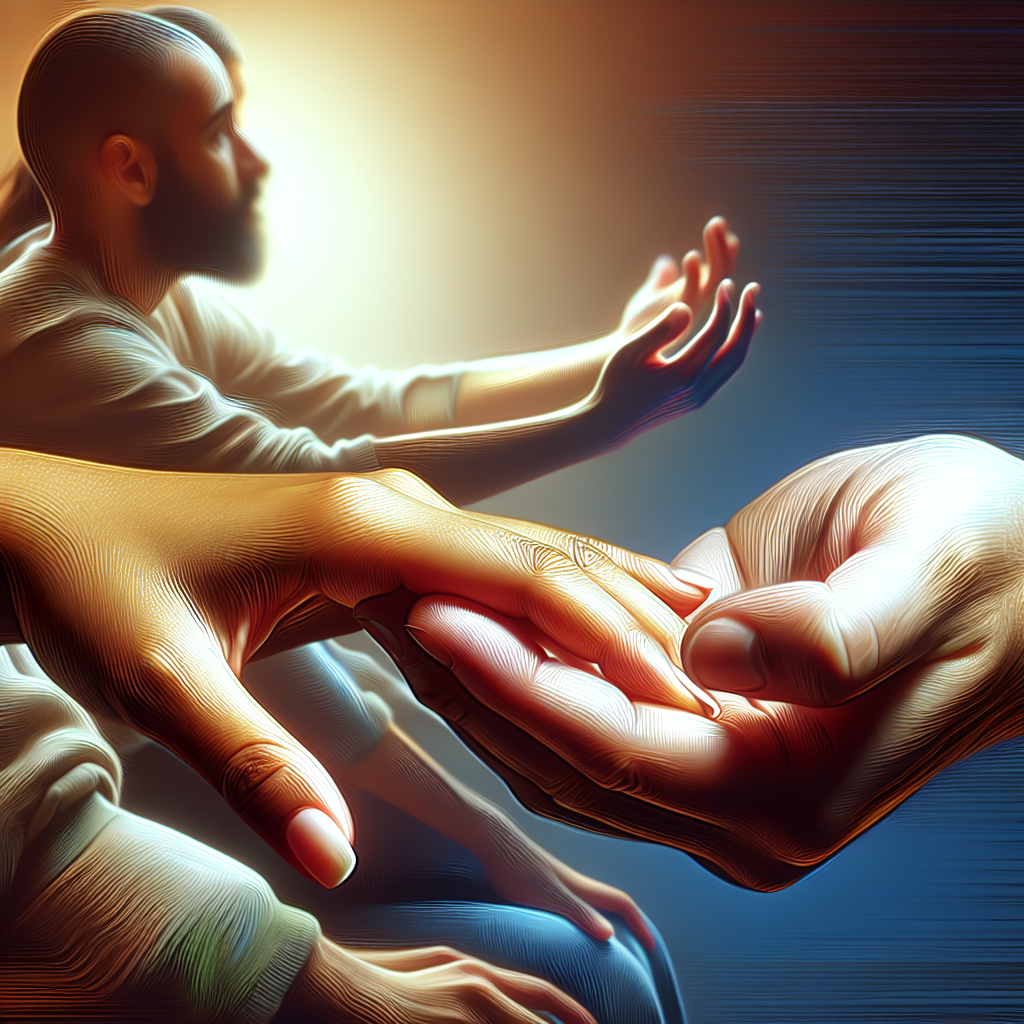 Realistic image of one human hand reaching out to help another hand.