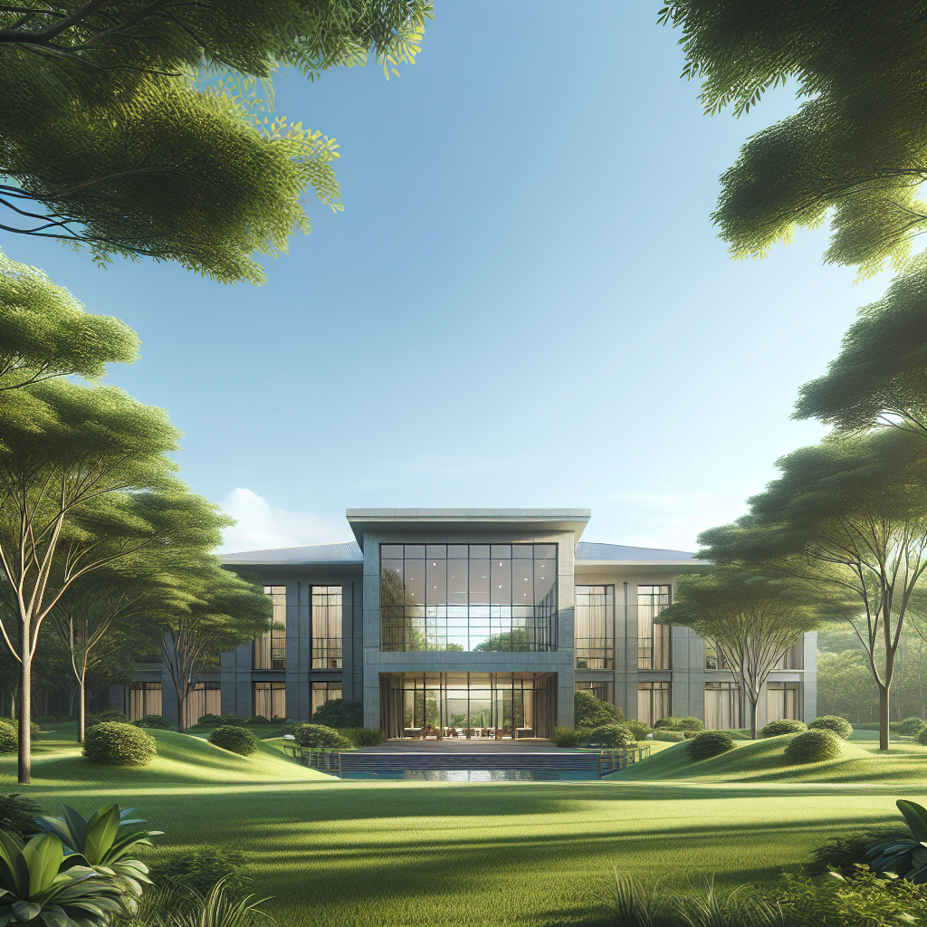 A modern rehabilitation center in a serene and green environment, indicative of tranquility and healing.