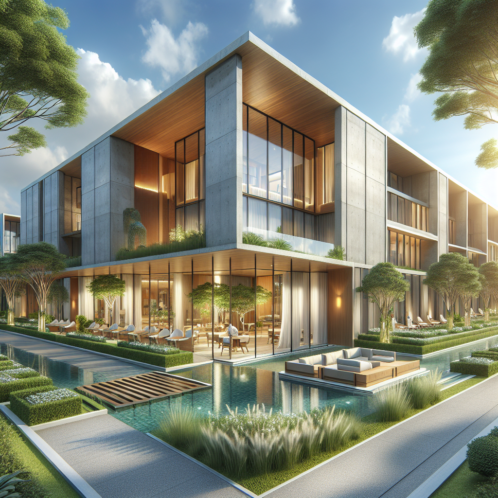 A modern, realistic detox center facility with a serene environment, contemporary design, large windows, soothing colors, and landscaped greenery under a clear sky.
