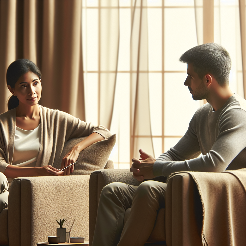 A realistic depiction of a therapeutic session in a counseling room, illustrating the calm and serene atmosphere typically associated with drug and alcohol counseling.