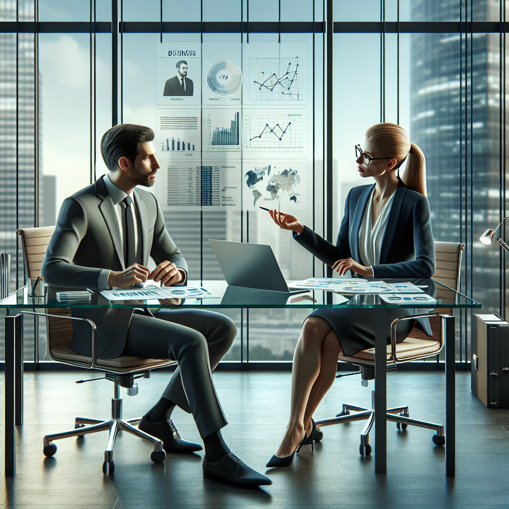 Modern office financial consultation with professionals discussing a business line of credit application, focusing on the interest rates section, in a room with a city skyline view.