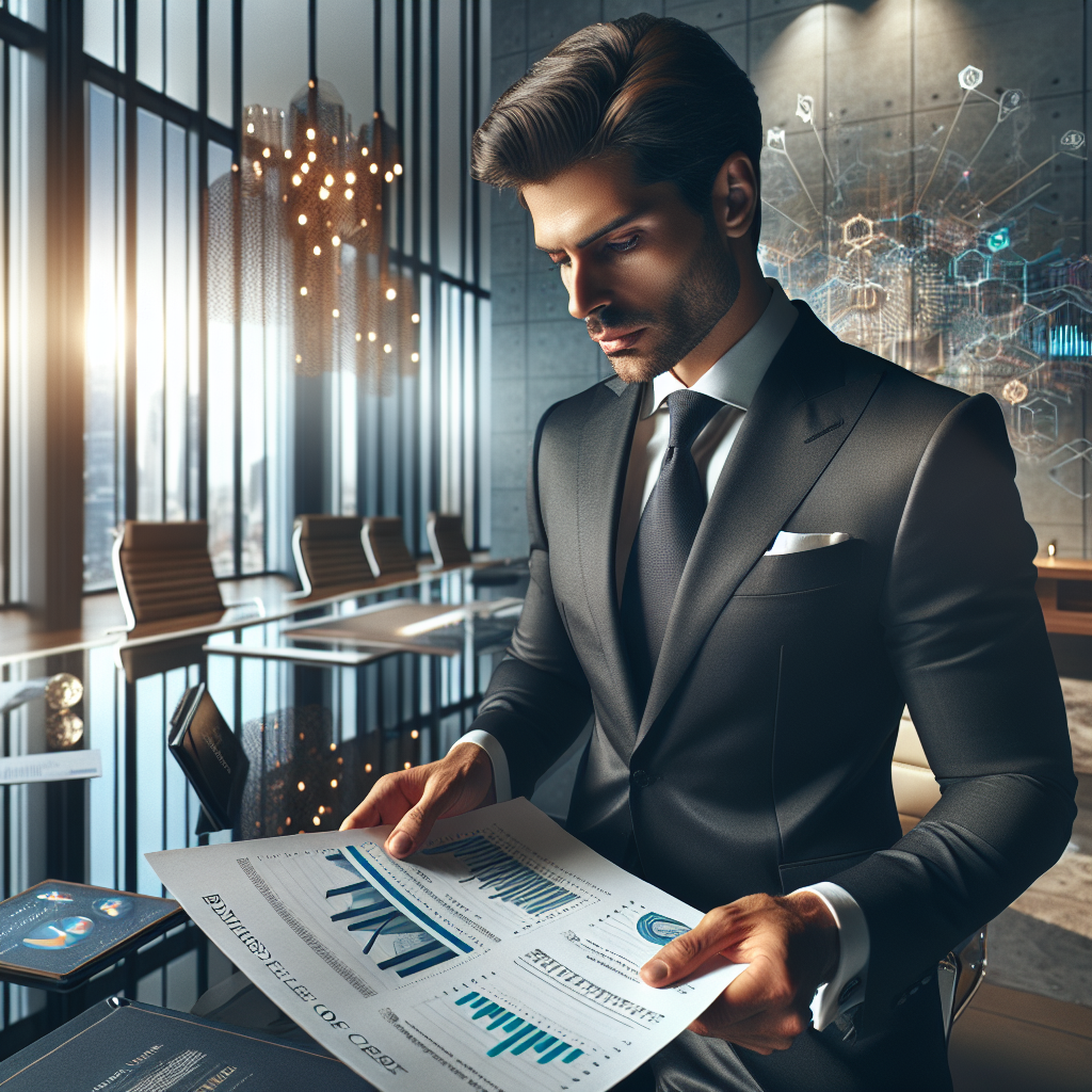 A professionally dressed entrepreneur examining a financial document with business line of credit rates in a contemporary office setting.