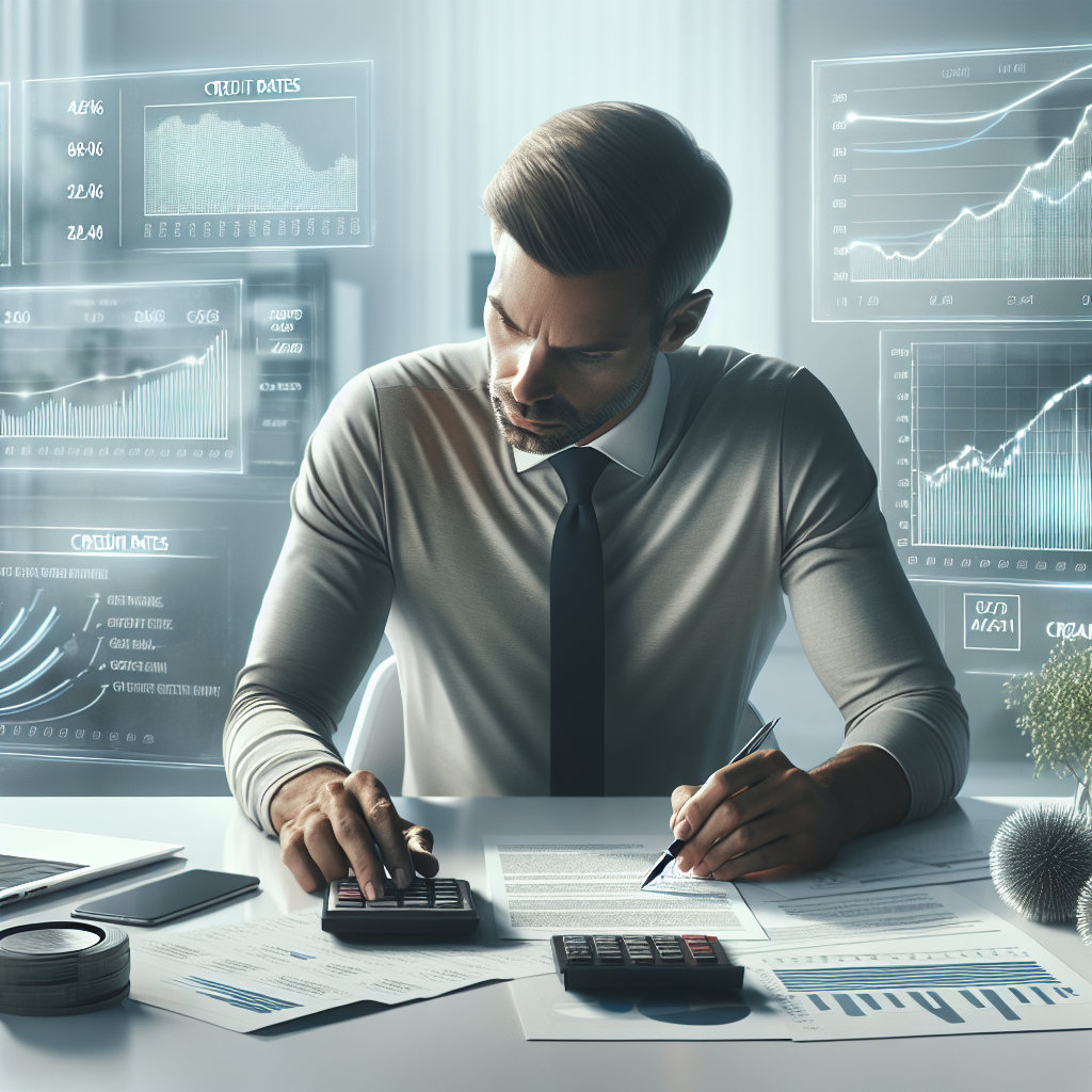 An entrepreneur evaluating business line of credit rates at a desk with financial documents, a calculator, and a laptop displaying credit scores, all in a calm, softly lit office setting.