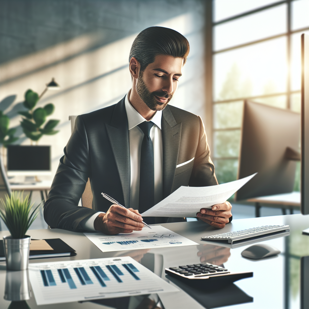 Confident entrepreneur reviewing a document about business line of credit rates at a bright, modern office desk, with a calculator and financial graphs.