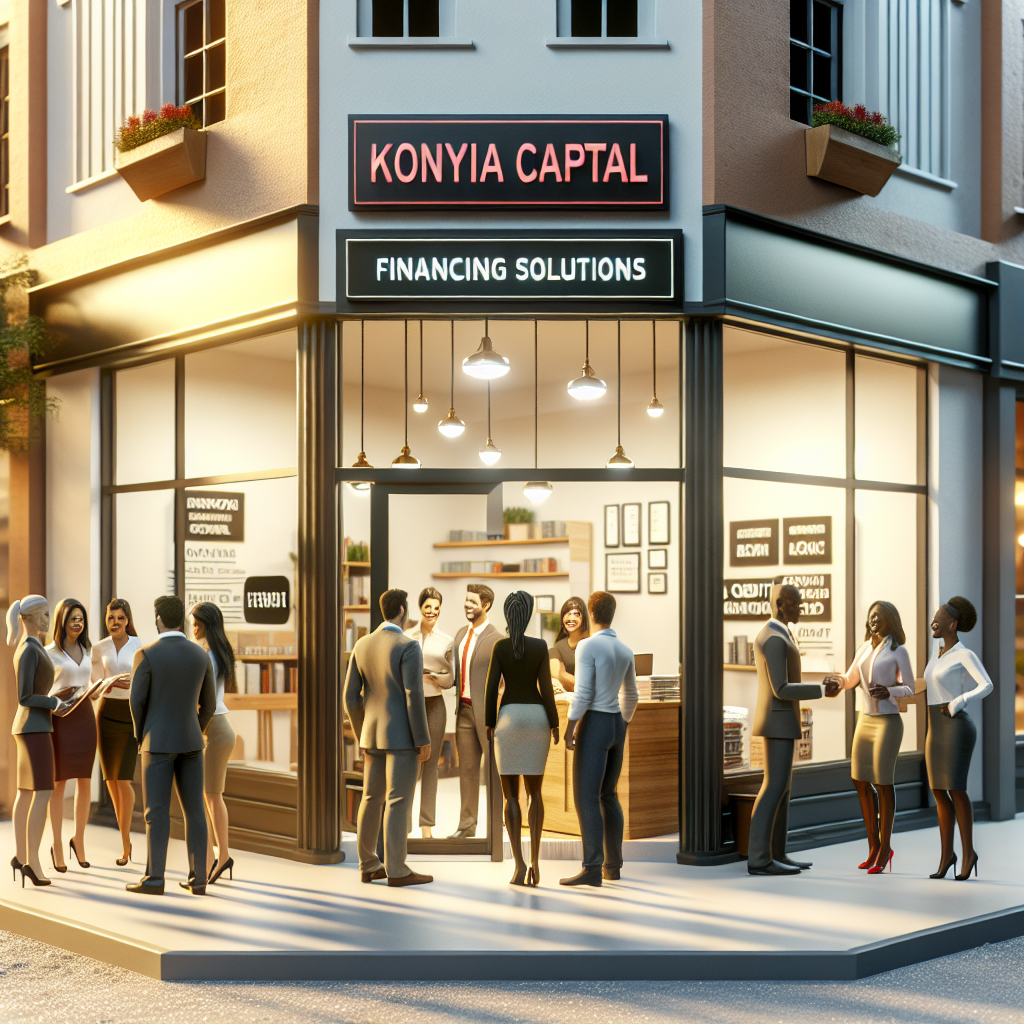 Warm and welcoming storefront of 'Konyia Capital' with diverse business people engaging in activities, symbolizing growth and credit-less financing solutions.