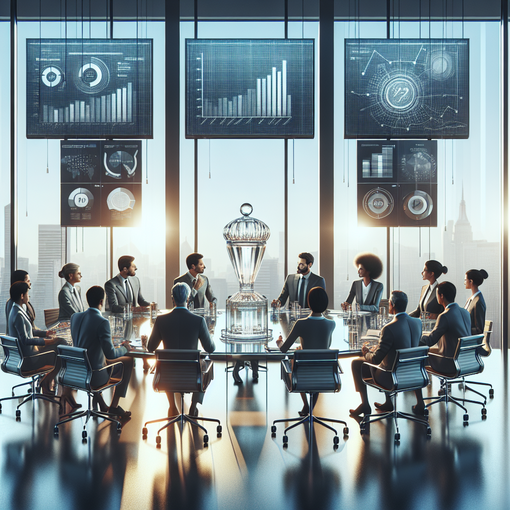 Modern business people in a meeting at a glass table with a crystal trophy, displaying upward trend graphs and Konyia Capital's logo, in a sunlit office with city skyline views.