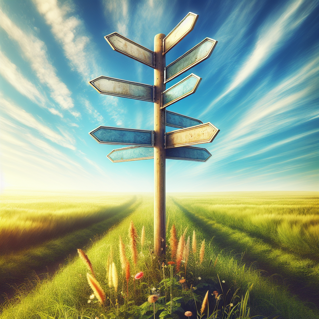 A realistic signpost with multiple arrows in a lush field under a clear blue sky, representing choices in small business funding.