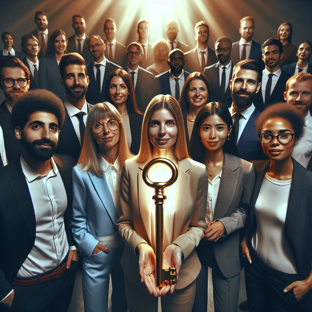 A group of entrepreneurs holding a large golden key together, symbolizing the potential and access to small business funding.