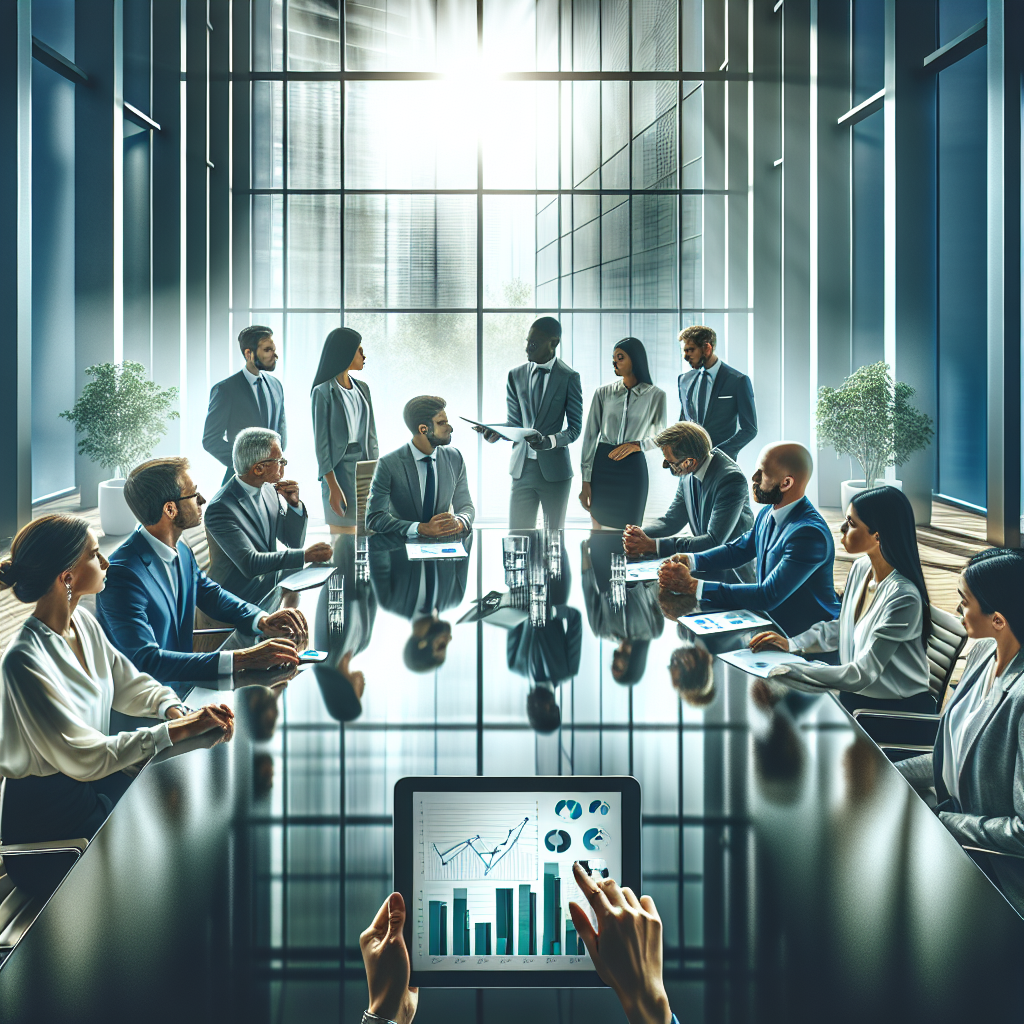 Diverse businesspeople engaged in a strategic meeting in a modern, well-lit office, discussing growth and capital for business expansion, with digital financial data on a tablet.