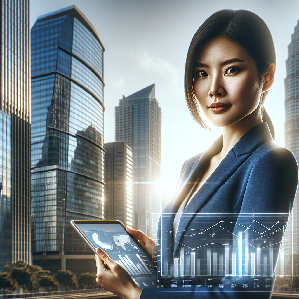 Confident entrepreneur with a tablet in front of modern cityscape.