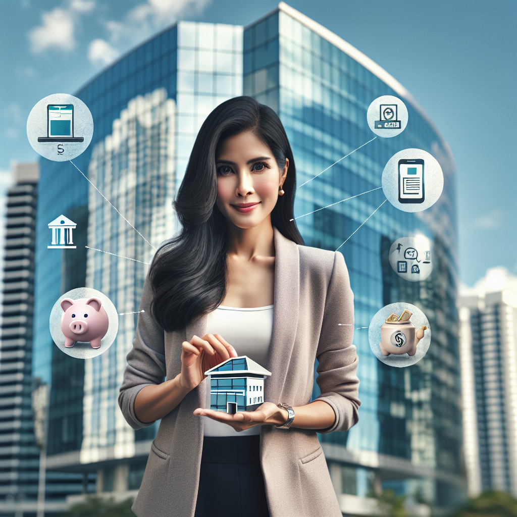 An entrepreneur with a miniature building, symbolizing business expansion, in front of a skyscraper surrounded by different financing option icons in daylight.