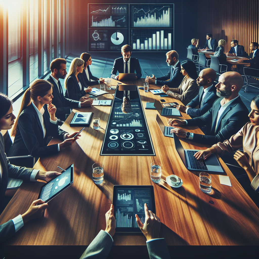 Business professionals at a conference table with smart devices and digital analytics displays.