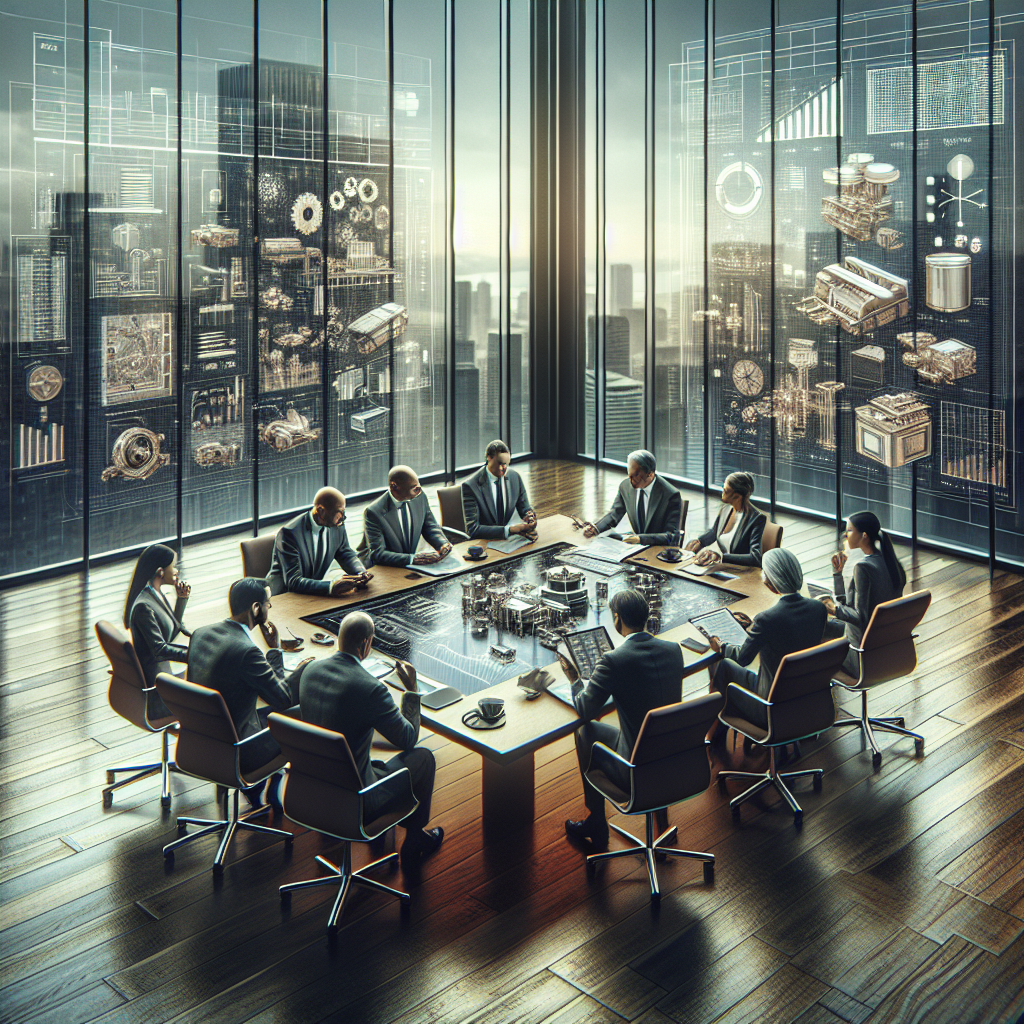 Business professionals discussing equipment financing around a conference table with machinery models, overlooking a city skyline.