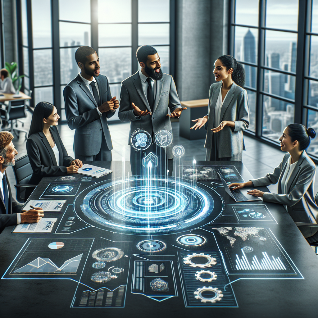 Diverse team discussing over holographic financial graphs in a modern, well-lit office, representing smart equipment financing.