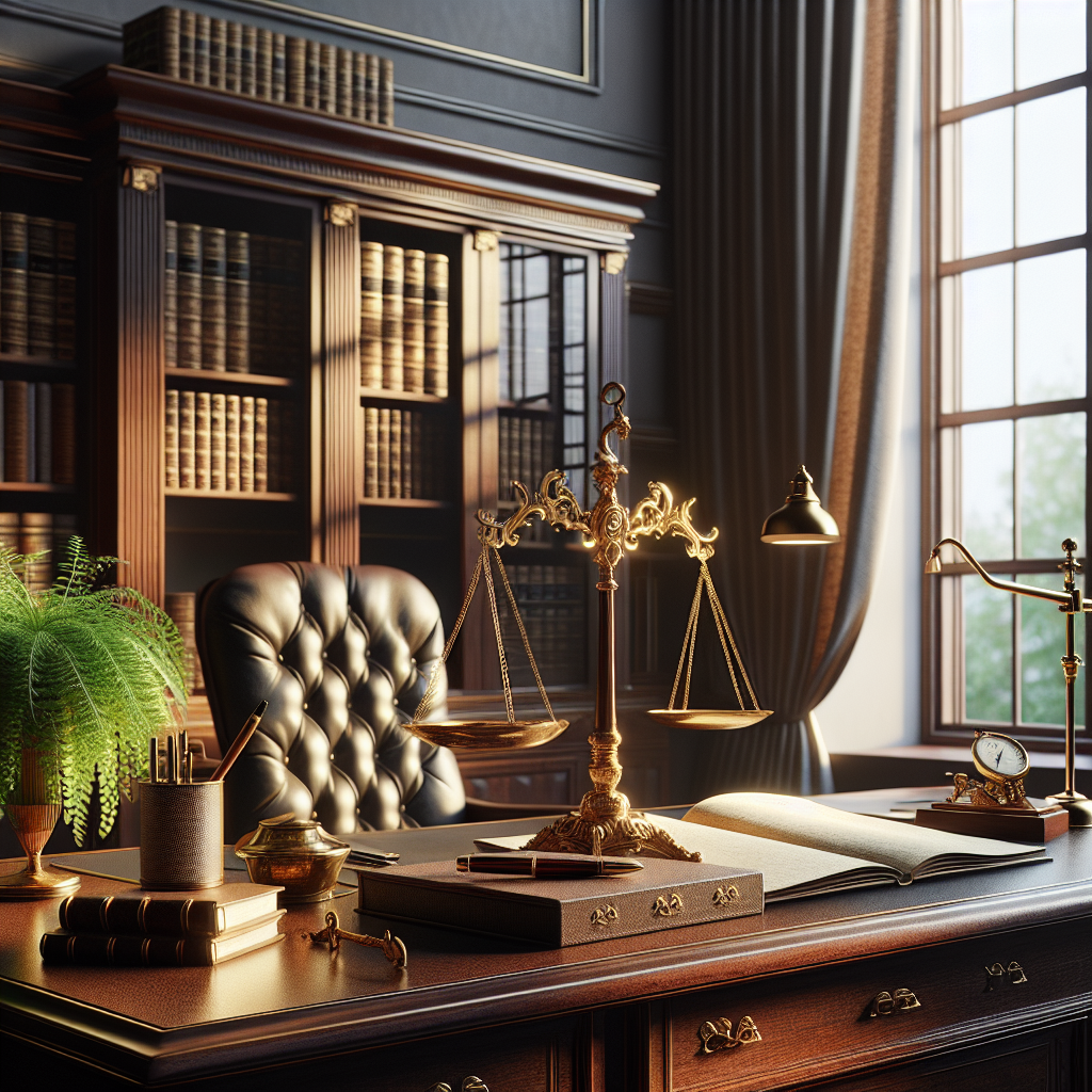 A serene and traditional business office with an antique desk, open ledger, golden pen, brass scales, leather-bound books, and soft lighting, symbolizing stability in financial services.