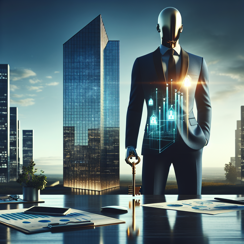 Business person with a key standing next to a glass building over a desk with a tablet showing finance charts, symbolizing a secured business line of credit.