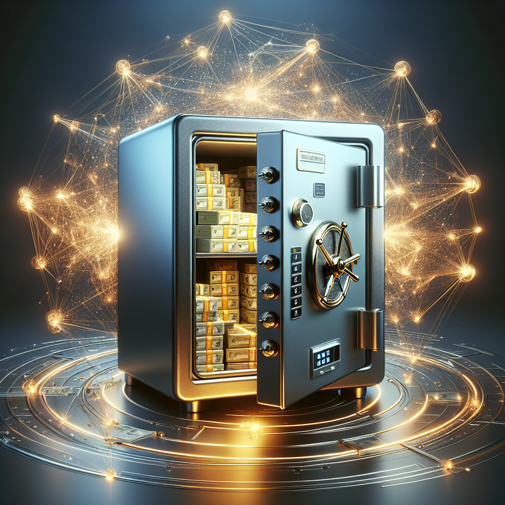 A securely closed metallic safe with a keypad, partially open to show cash and gold inside, enveloped by a network of abstract lines, glowing with a golden hue.