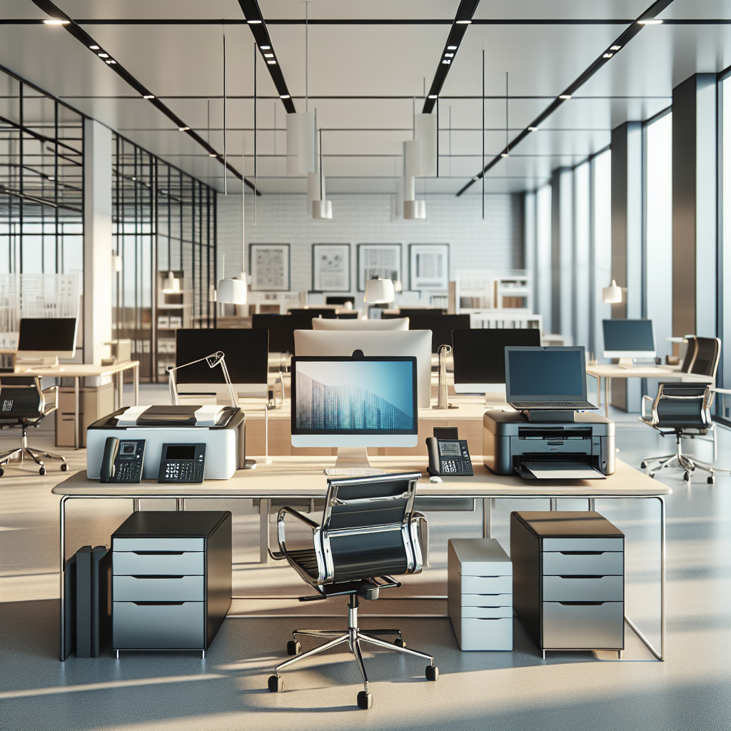 A selection of modern office equipment arranged in a professional business setting to represent equipment financing options.