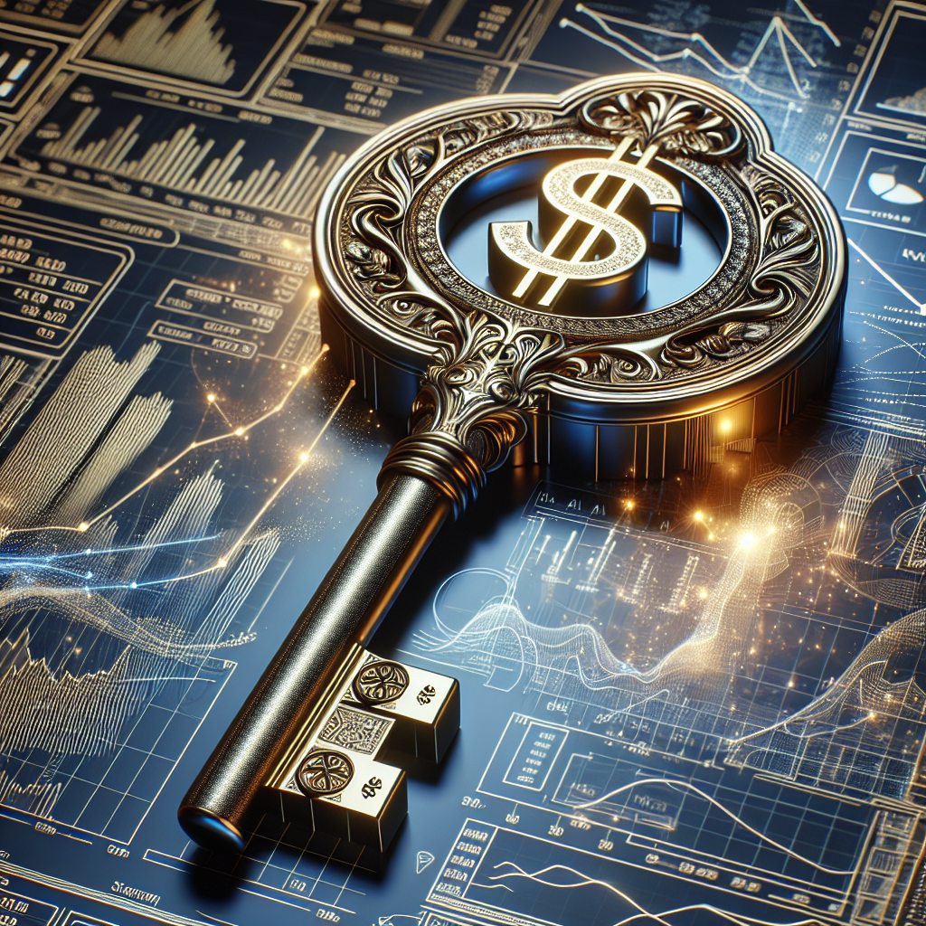 Metallic key with dollar sign engravings on financial graphs representing unlocking business credit potential with Konyia Capital.