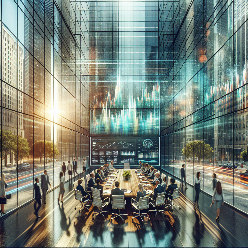 Skyscraper with glass facade reflecting the city, an office meeting inside with financial growth on display, and a vibrant business district outside.