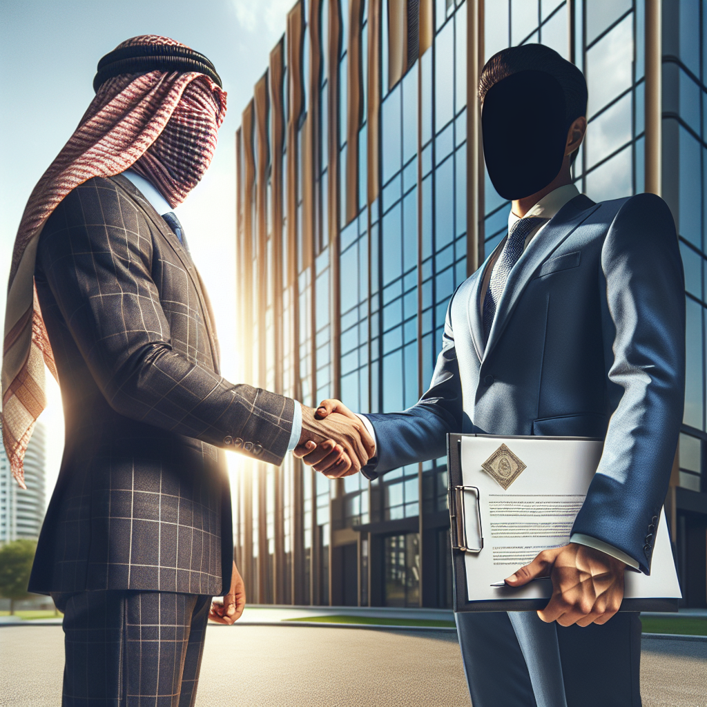 Financial advisor shaking hands with a client, holding documents for low business credit rates, in front of a modern office building.