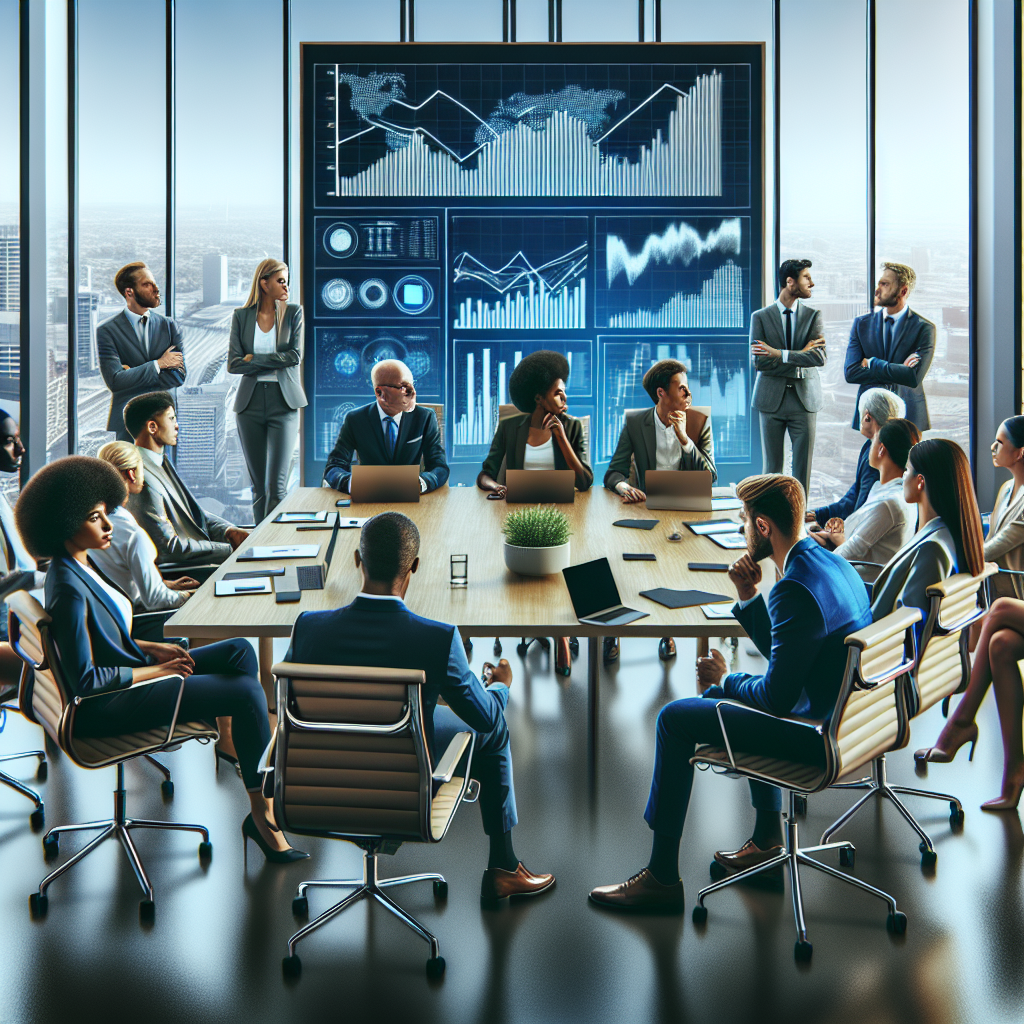 A group of business professionals in a strategic meeting at a modern conference room with financial graphs on digital screens and a cityscape view.