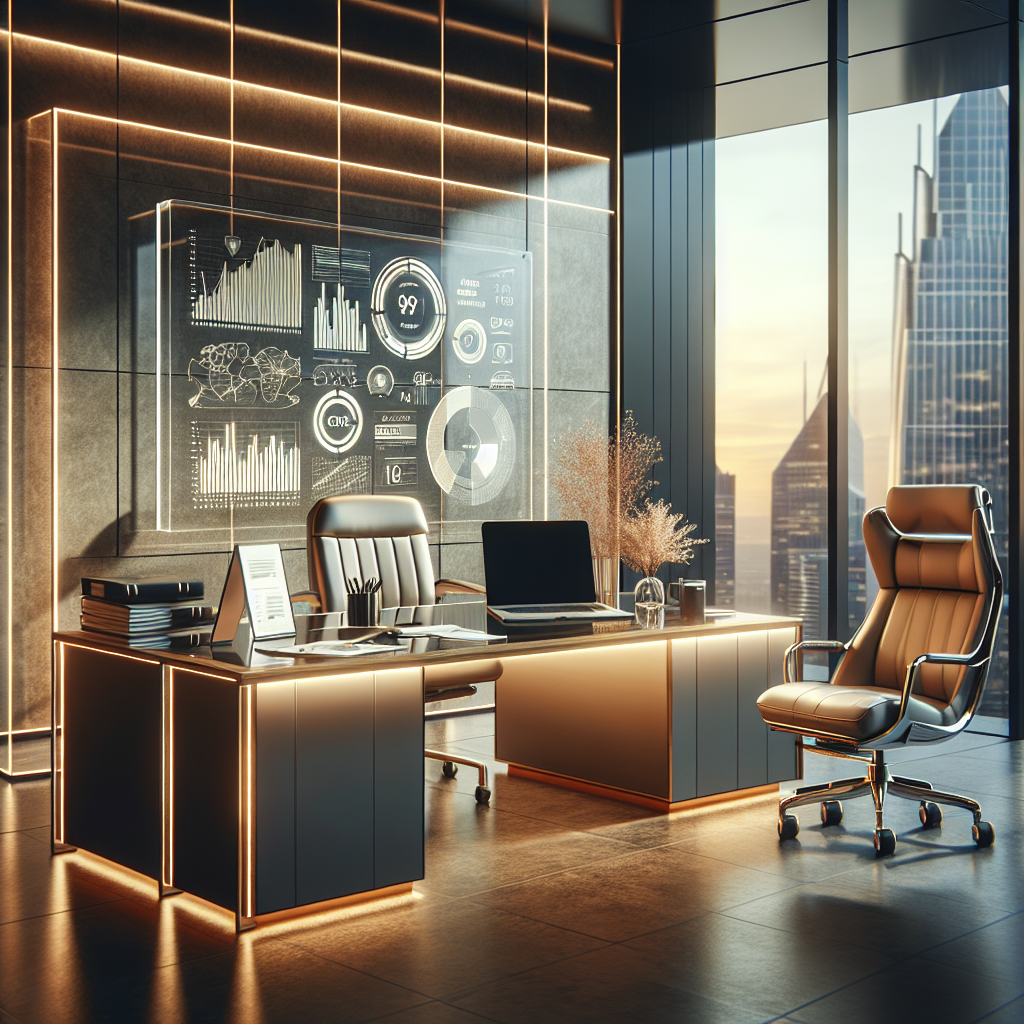 An entrepreneur's desk with Capital One branding and a view of a bustling cityscape, representing a professional business environment.