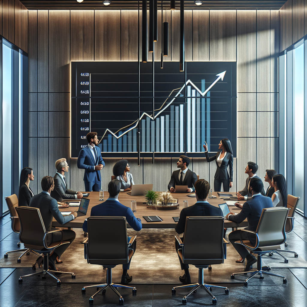 Entrepreneurs discussing a positive business growth graph in a modern conference room.