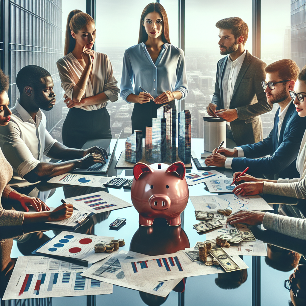 A realistic image depicting a group of entrepreneurs engaged in a strategic planning session for startup financing, with a piggy bank and model skyscraper on the table, symbolizing funding and growth.