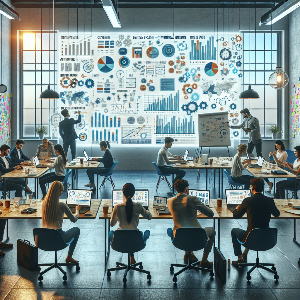 Entrepreneurs working in a well-lit startup office, collaborating on business plans with laptops and whiteboards amidst a dynamic and creative ambiance.