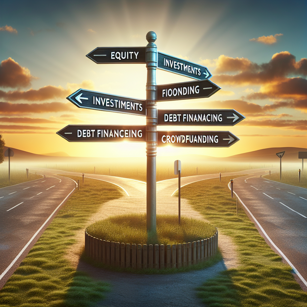 Crossroads with a signpost showing different business funding options such as equity investments, debt financing, with a sunrise in the background.