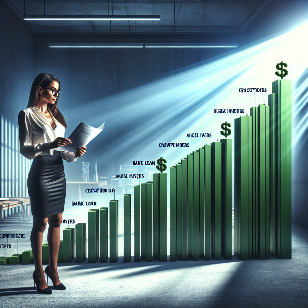 Entrepreneur examining documents in front of a life-sized ascending bar graph representing business funding and growth.