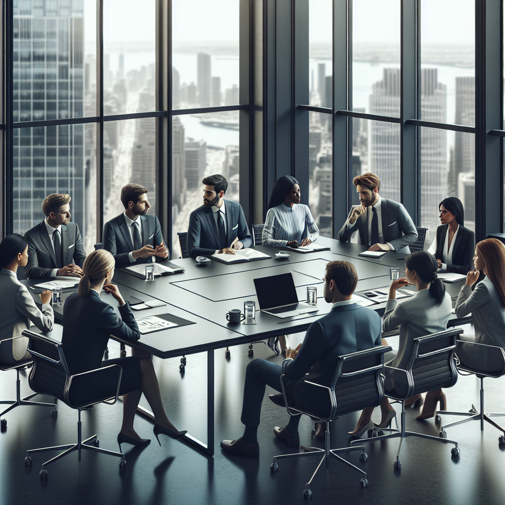 A realistic depiction of a business meeting in a modern office with professionals collaborating around a conference table.