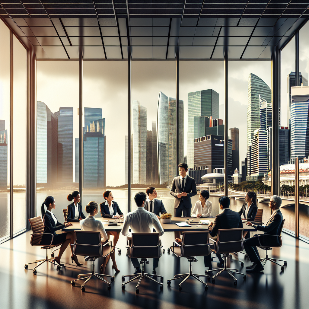 A business meeting in a modern Singapore office, symbolizing Qoo10's ownership dynamics, with a professional and dynamic atmosphere.