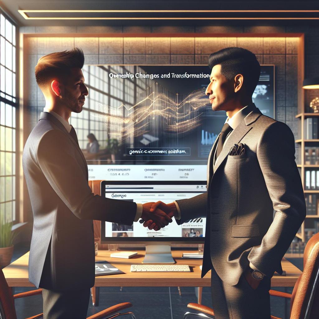 An Asian businessman shaking hands with another businessman in an office setting, symbolizing Qoo10's ownership change.