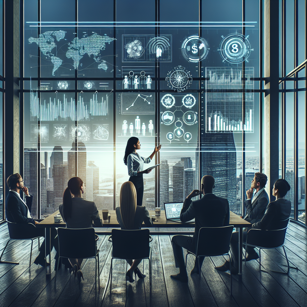 Illustration of entrepreneurs discussing funding with a financial advisor in a modern office setting.