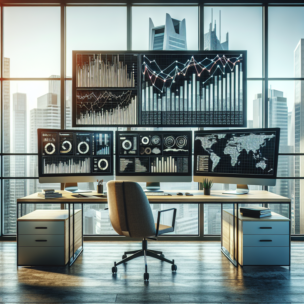 A modern office workspace with financial charts displayed on computer screens.