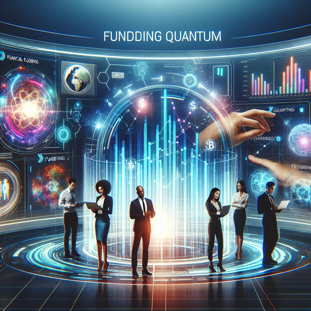 Conceptual representation of Funding Quantum with business people reviewing financial data on a digital interface.