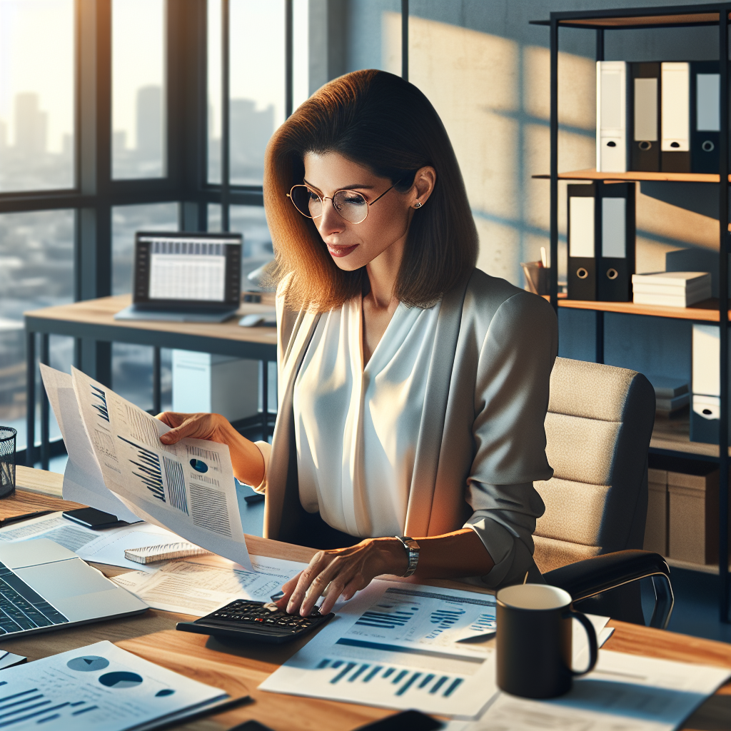 A business professional reviewing financial documents at a modern office desk.