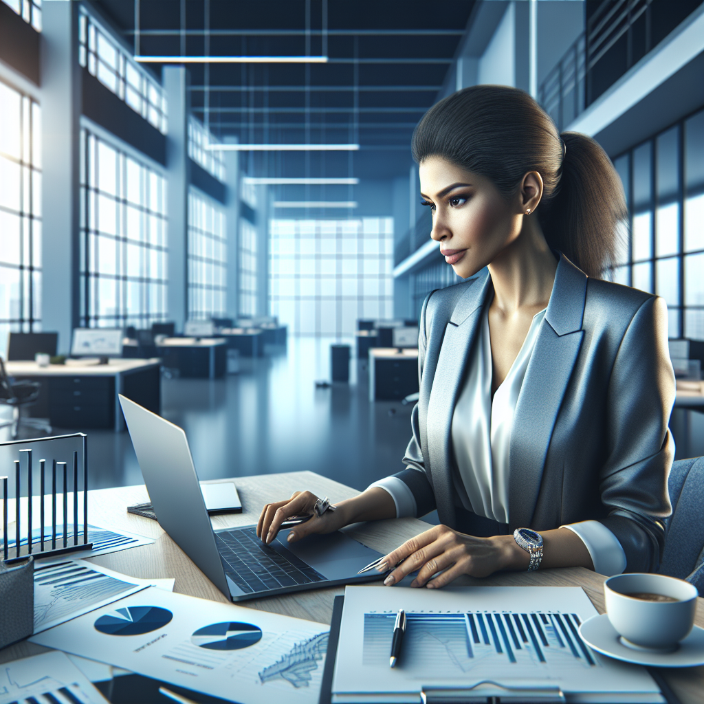 A professional woman at her desk reviewing business financial charts on her laptop in a modern office.