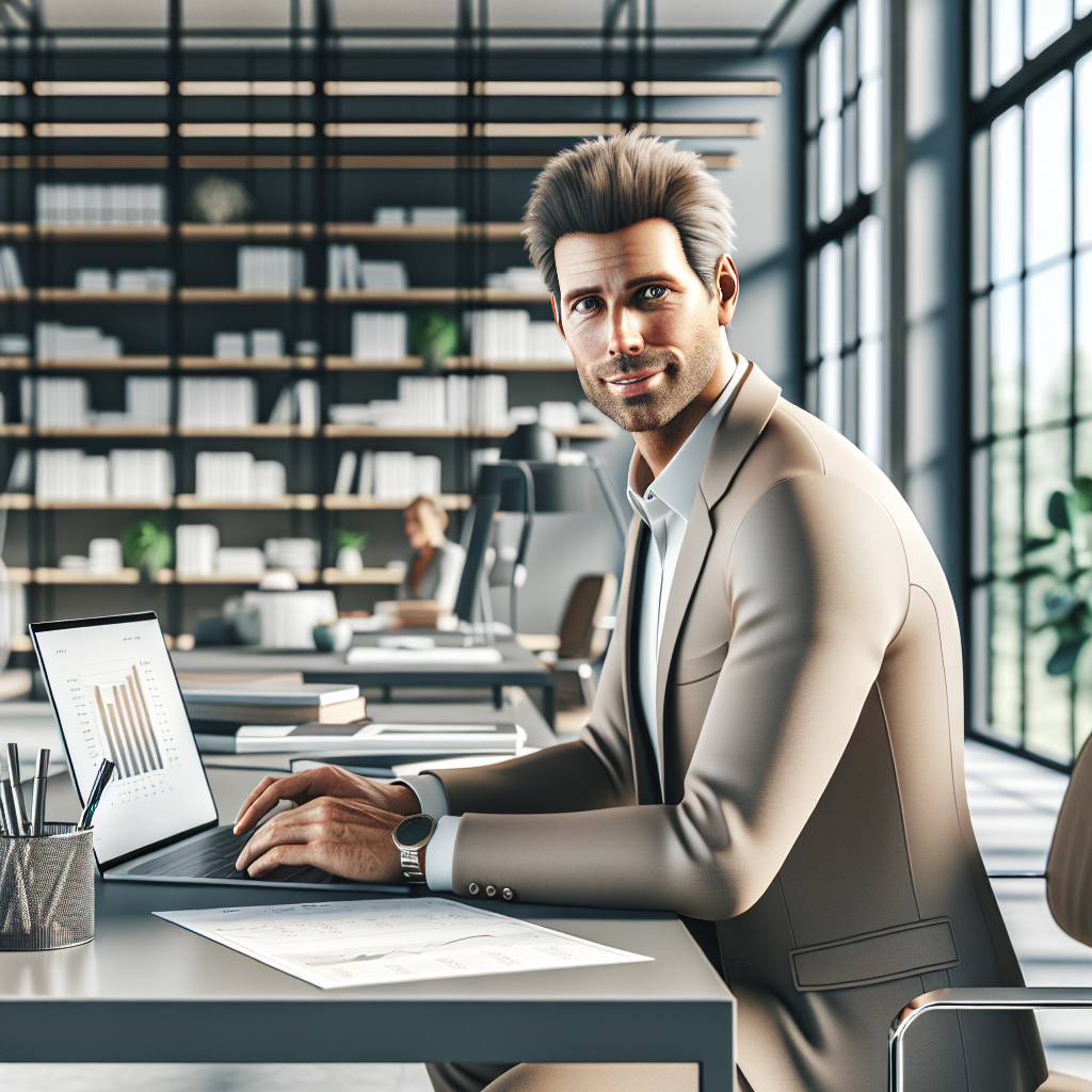 A small business owner working on financial documents at a modern office desk.