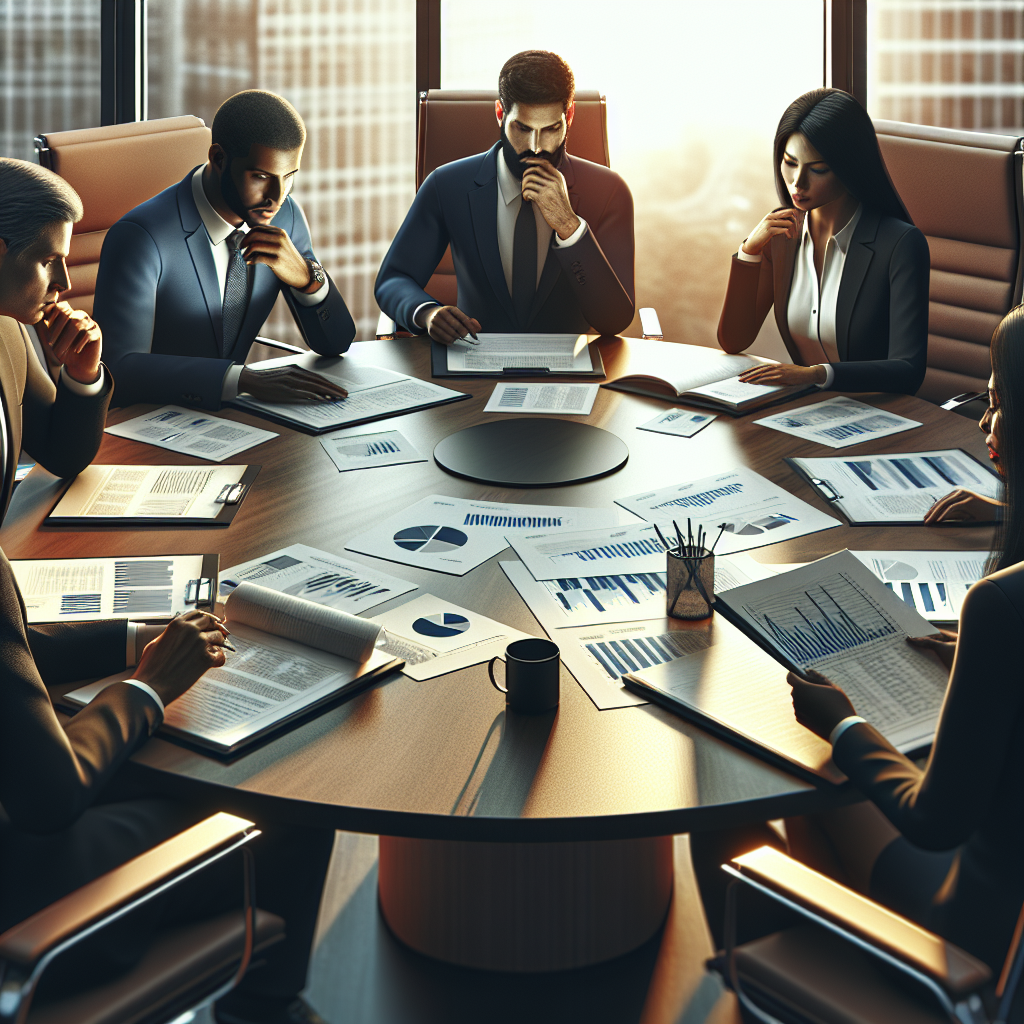 A realistic depiction of a business meeting with people discussing financial documents around a conference table.