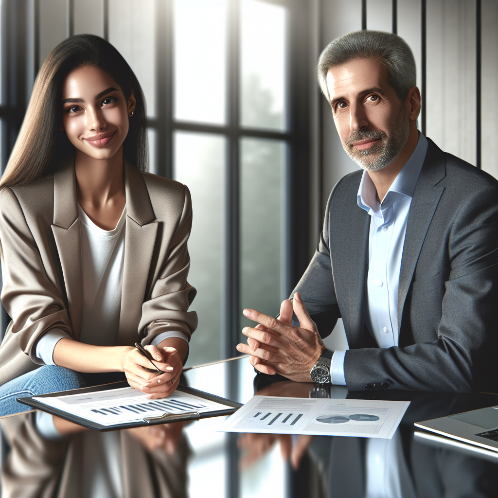 An e-commerce entrepreneur consulting with a financial advisor in a modern office setting.