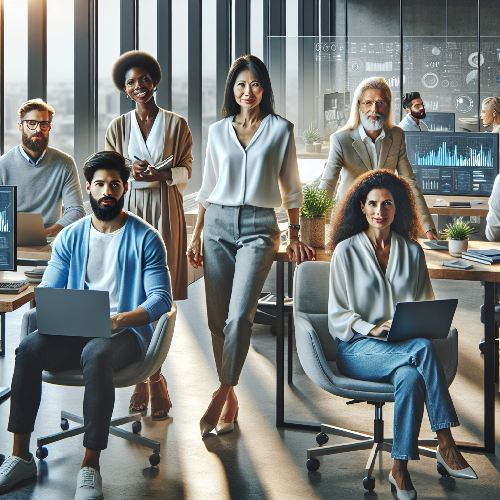 A diverse group of e-commerce entrepreneurs collaborating in a modern office space.