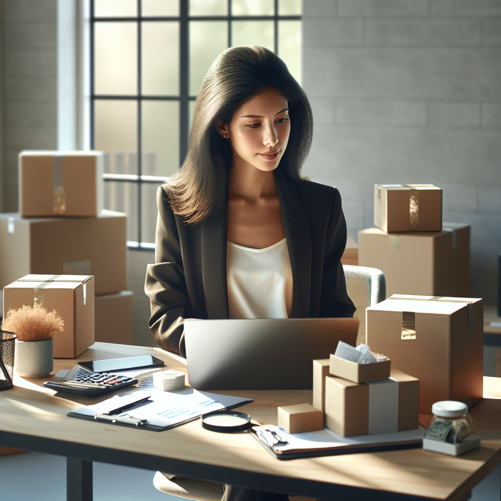 Realistic image of a young female e-commerce entrepreneur working at her desk.