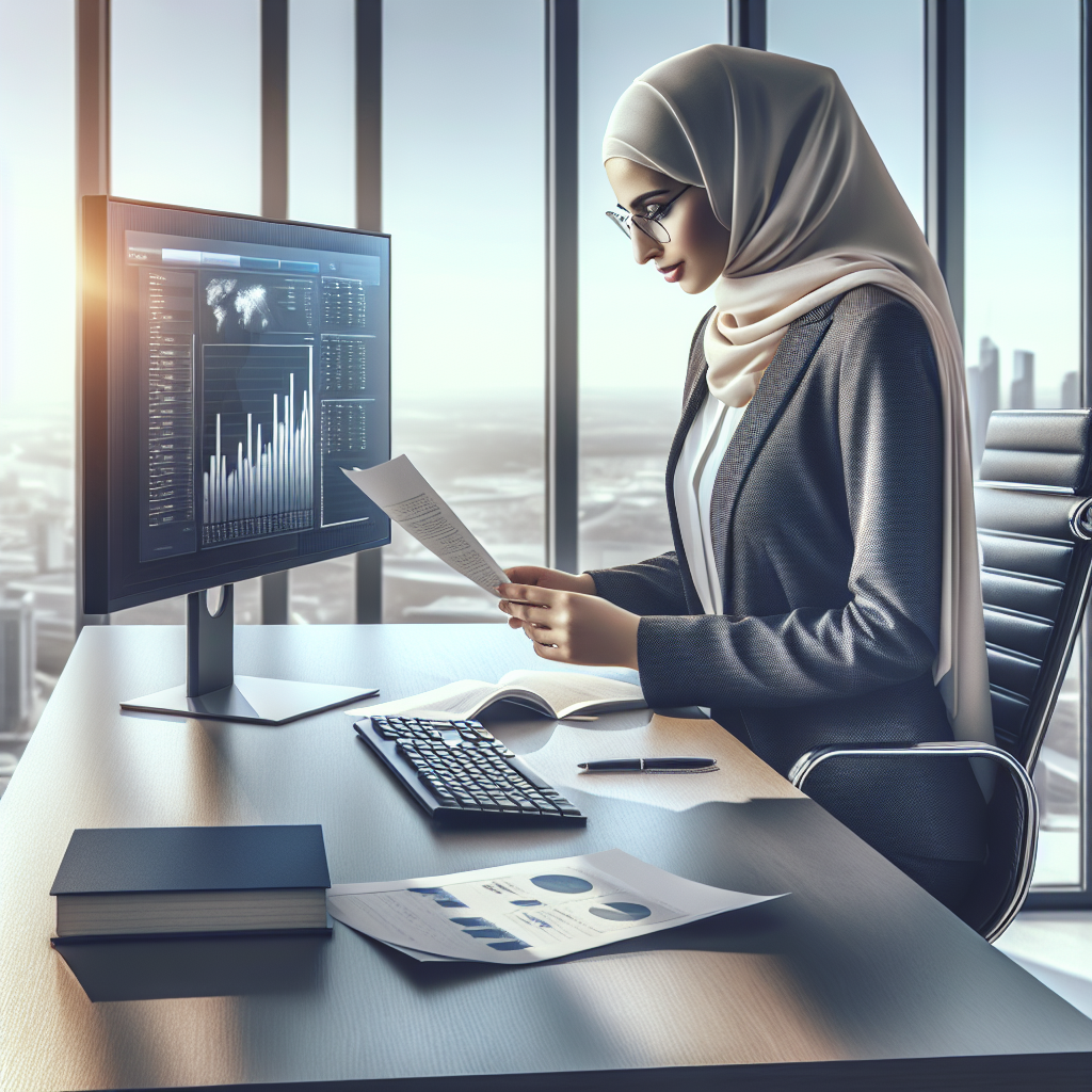 A businessperson in a modern office, reviewing financial documents on a desk with a computer displaying a banking dashboard.