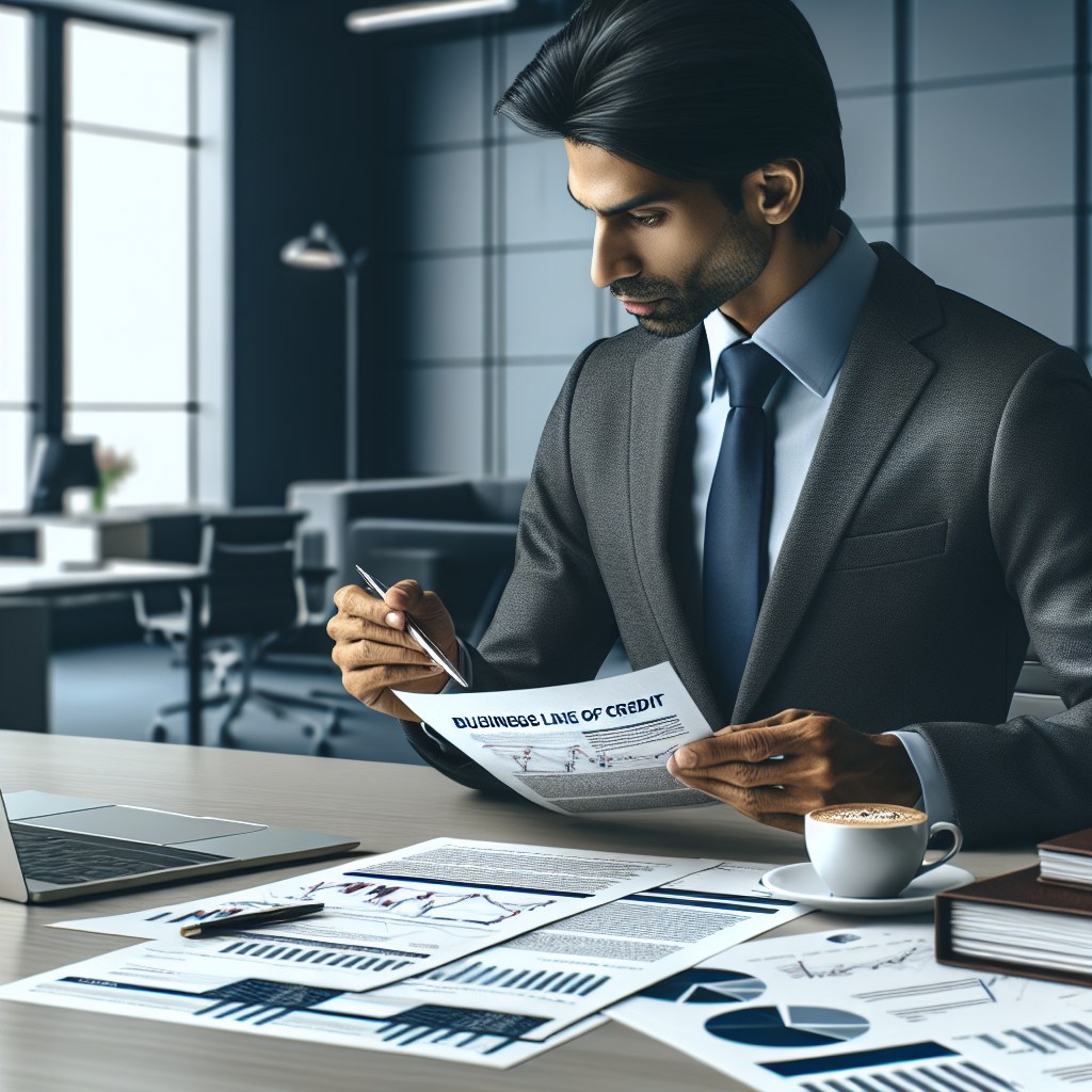 A business professional examining financial documents on a desk in a modern office.