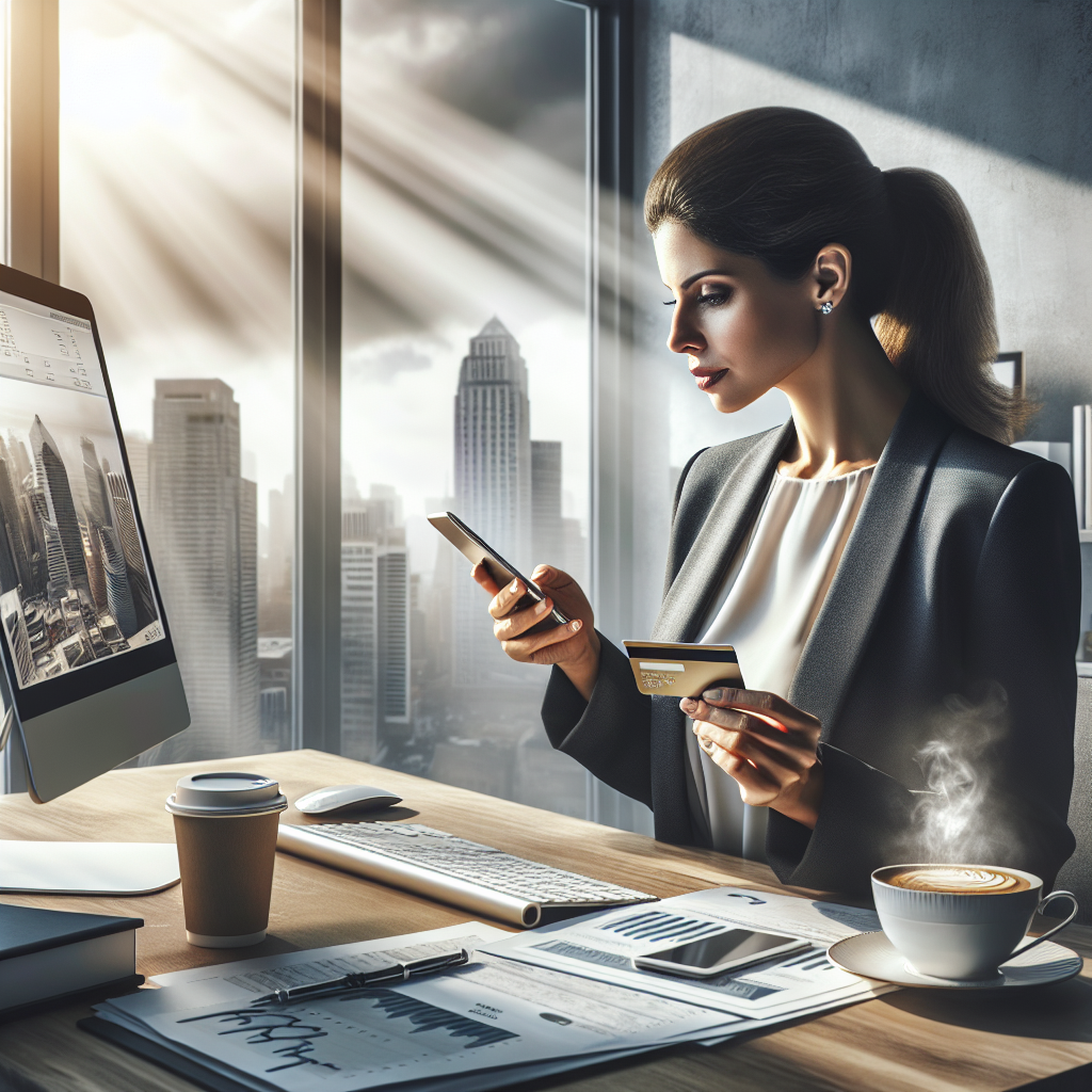 Business person at an office desk reviewing financial documents on a computer while holding a credit card, with an urban cityscape visible through a large window.