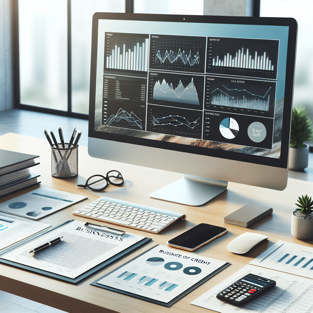 A business desk with financial graphs on a computer, paperwork, and a smartphone, representing tracking credit status.