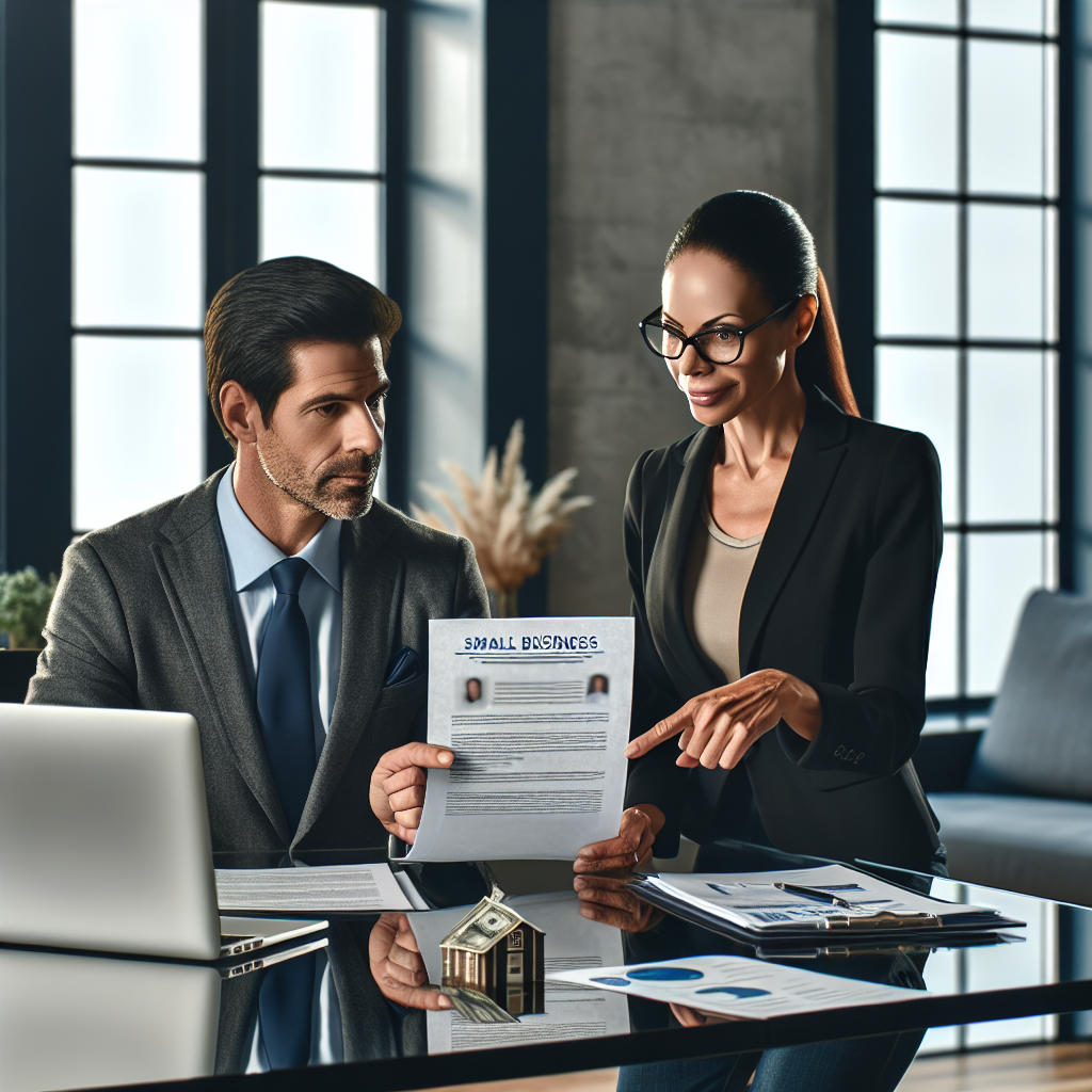 A small business owner consulting with a banker in a modern office about small business loans.